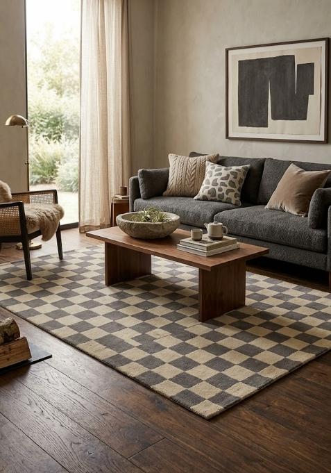 Saffron Rugs Hand Tufted Beige and Grey Checkered Contemporary Rectangular Wool Area Rug