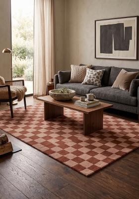 Saffron Rugs Hand Tufted Terracotta Checkered Contemporary Rectangular Wool Area Rug