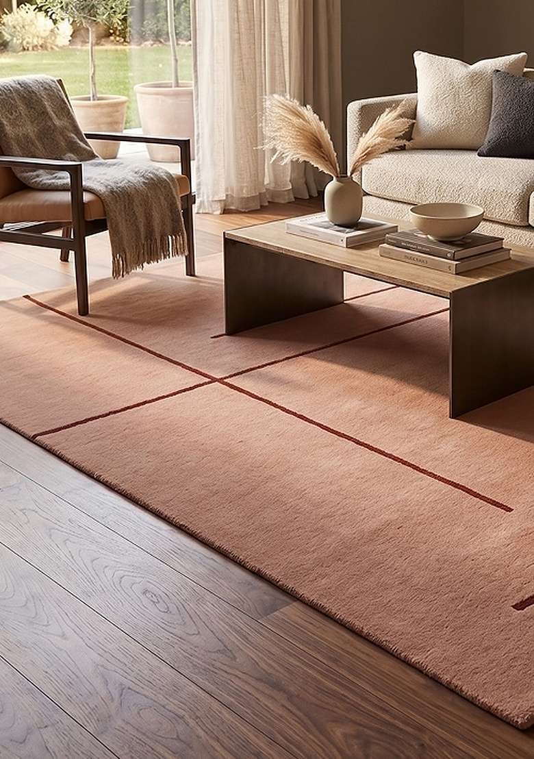 100% Wool Handmade Terracotta Rug | Modern Geometric Carpet With Cotton Backing For Living Room - Indya