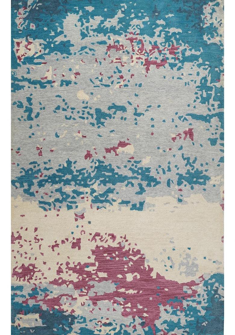 Saffron Rugs Hand Tufted Teal Blue Multicolor Tie-Dye Contemporary Rectangular Wool Area Rug - Indya