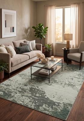 Saffron Rugs Hand Tufted Sage Green Grey Tie-Dye Contemporary Rectangular Wool Area Rug