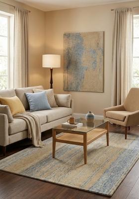 Saffron Rugs Hand Tufted Beige and Blue Striped Contemporary Rectangular Wool Area Rug