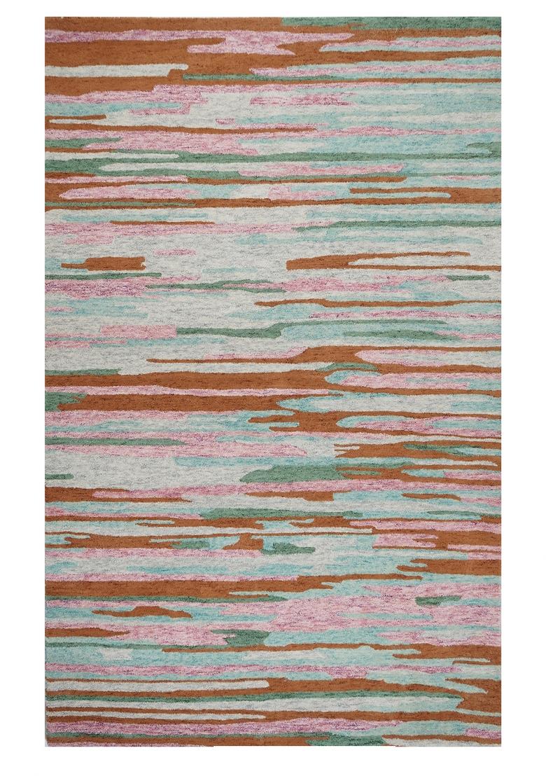 Saffron Rugs Hand Tufted Multicolor Teal Pink Rust Striped Contemporary Rectangular Wool Area Rug - Indya