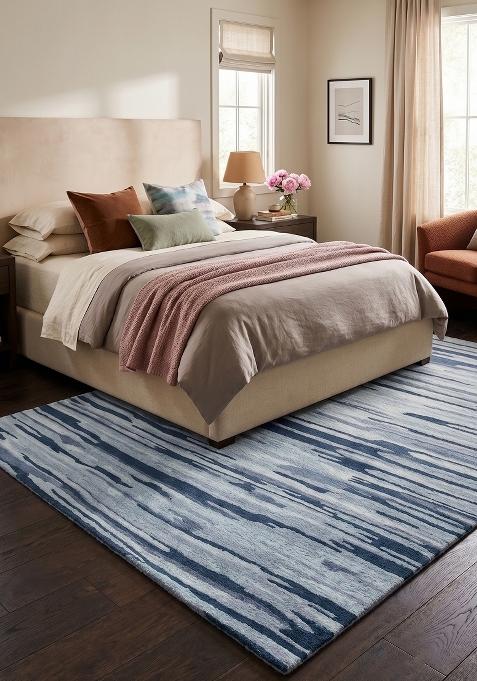 Saffron Rugs Hand Tufted Steel Blue Striped Contemporary Rectangular Wool Area Rug
