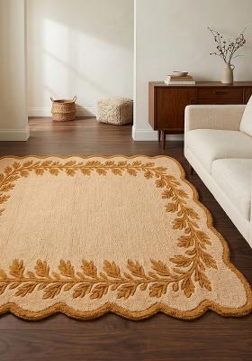 Saffron Rugs Hand Tufted Beige with Gold Leaf Leaf Cottage Scalloped Wool Area Rug