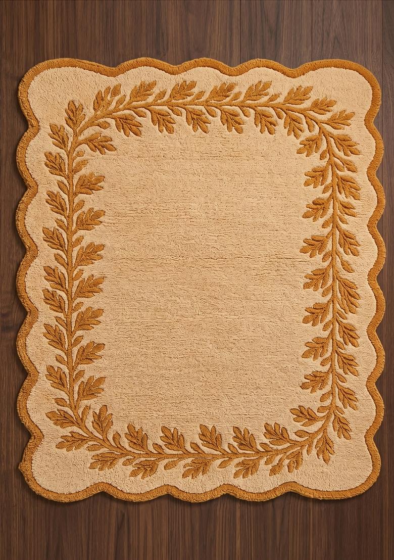 Saffron Rugs Hand Tufted Beige with Gold Leaf Leaf Cottage Scalloped Wool Area Rug - Indya