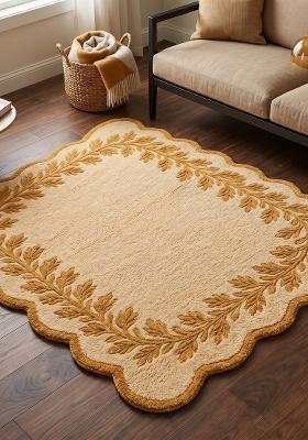Saffron Rugs Hand Tufted Golden Beige Leaf Cottage Scalloped Wool Area Rug