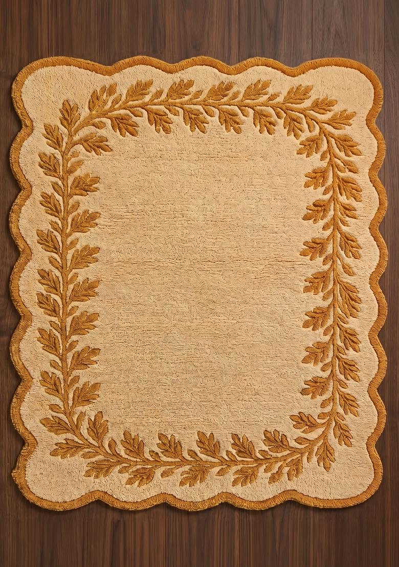 Saffron Rugs Hand Tufted Golden Beige Leaf Cottage Scalloped Wool Area Rug - Indya