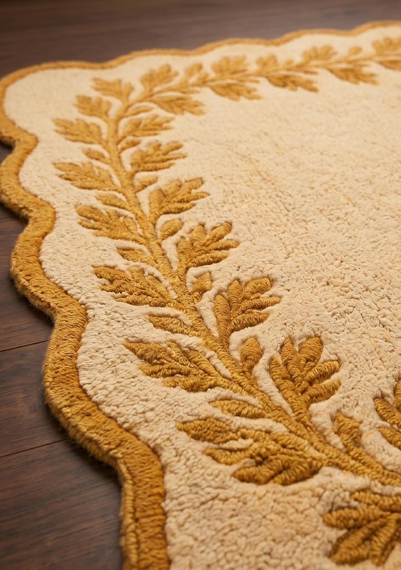 Saffron Rugs Hand Tufted Golden Beige Leaf Cottage Scalloped Wool Area Rug - Indya