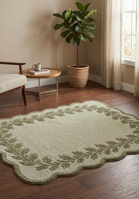 Saffron Rugs Hand Tufted Sage Green Leaf Cottage Scalloped Wool Area Rug