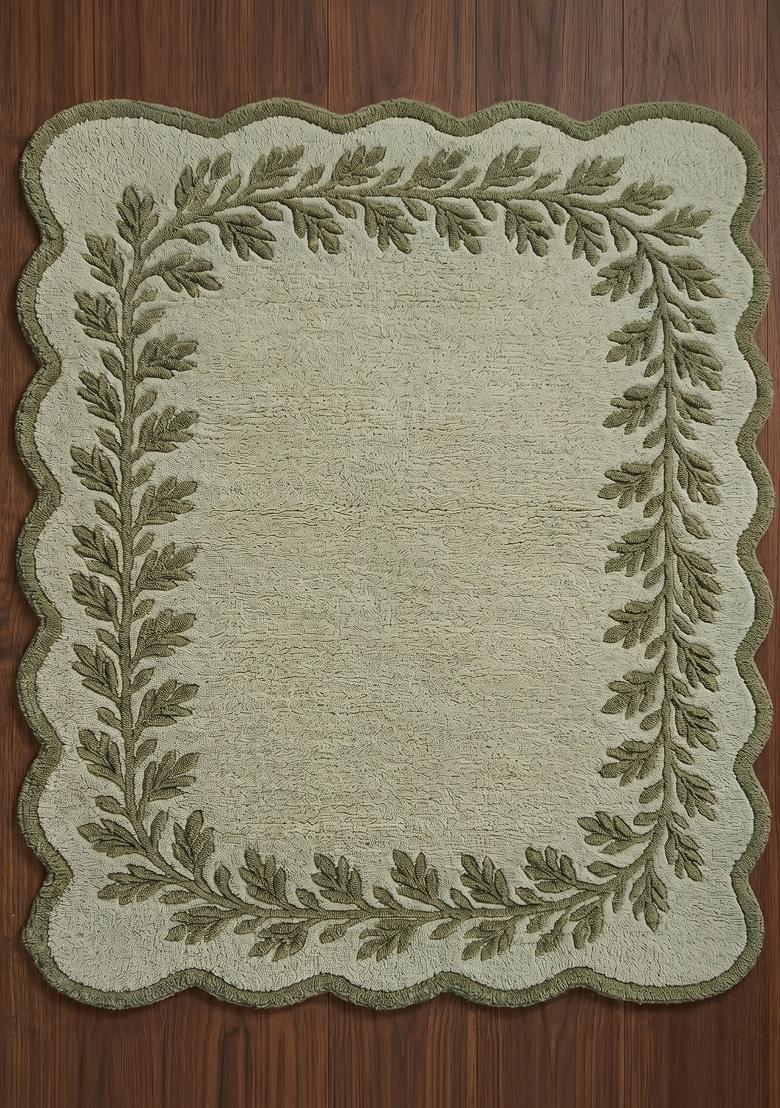 Saffron Rugs Hand Tufted Sage Green Leaf Cottage Scalloped Wool Area Rug - Indya