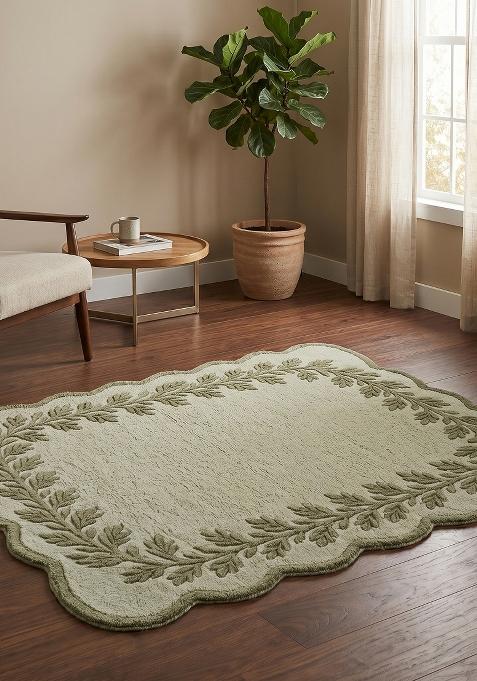 Saffron Rugs Hand Tufted Sage Green Leaf Cottage Scalloped Wool Area Rug