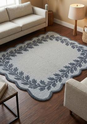 Saffron Rugs Hand Tufted Light Grey Leaf Cottage Scalloped Wool Area Rug