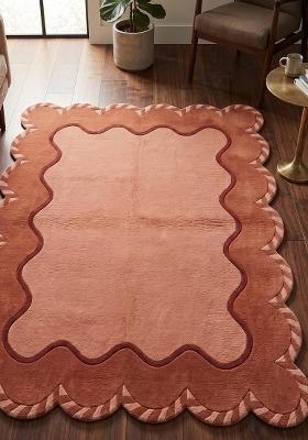 Saffron Rugs Hand Tufted Terracotta Solid Contemporary Scalloped Wool Area Rug