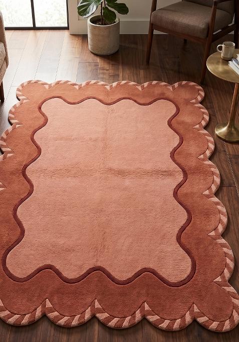 Saffron Rugs Hand Tufted Terracotta Solid Contemporary Scalloped Wool Area Rug