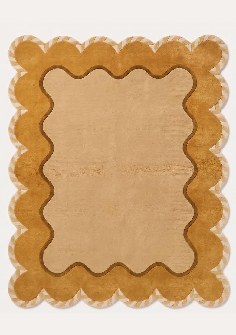 Saffron Rugs Hand Tufted Mustard Gold Solid Contemporary Scalloped Wool Area Rug - Indya