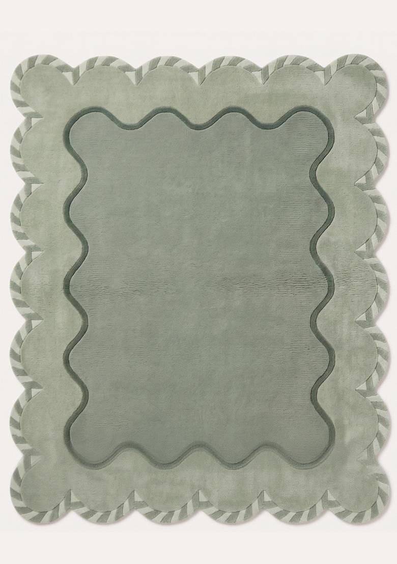 Saffron Rugs Hand Tufted Sage Green Solid Contemporary Scalloped Wool Area Rug - Indya