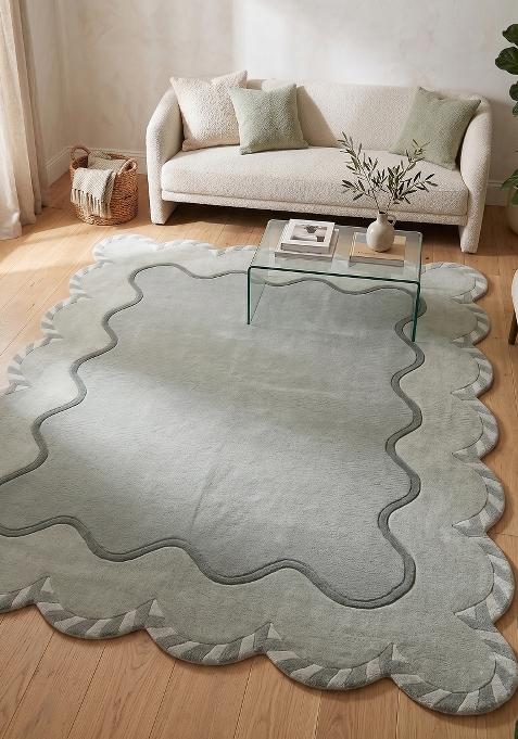 Saffron Rugs Hand Tufted Sage Green Solid Contemporary Scalloped Wool Area Rug