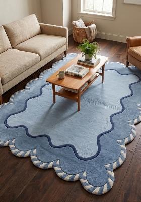 Saffron Rugs Hand Tufted Light Blue Swirls Bohemian Scalloped Wool Area Rug