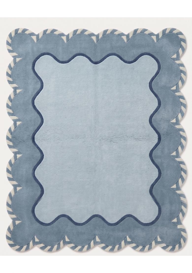 Saffron Rugs Hand Tufted Light Blue Swirls Bohemian Scalloped Wool Area Rug - Indya