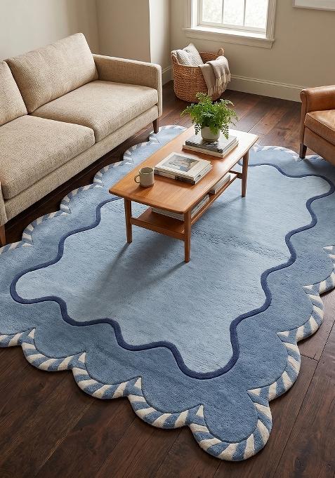 Saffron Rugs Hand Tufted Light Blue Swirls Bohemian Scalloped Wool Area Rug