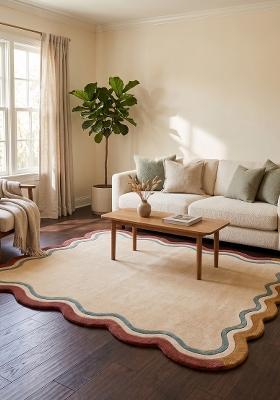 Saffron Rugs Hand-Tufted 100% Wool Area Rug | Cream Scalloped Rug | Cotton Backing | Retro Striped Home Decor Carpet for Living Room Bedroom