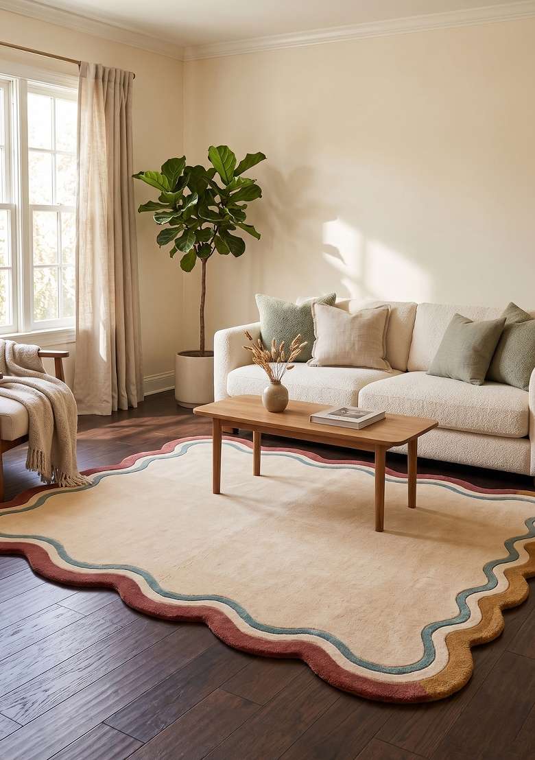 100% Wool Handmade Cream Rug | Retro Striped Scalloped Carpet With Cotton Backing For Living Room - Indya