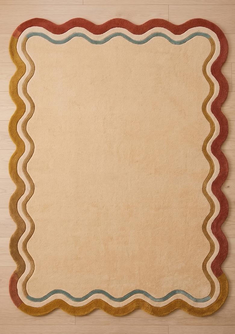 Saffron Rugs Hand Tufted Cream Striped Retro Scalloped Wool Area Rug - Indya