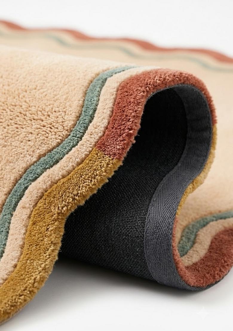 Saffron Rugs Hand Tufted Cream Striped Retro Scalloped Wool Area Rug - Indya