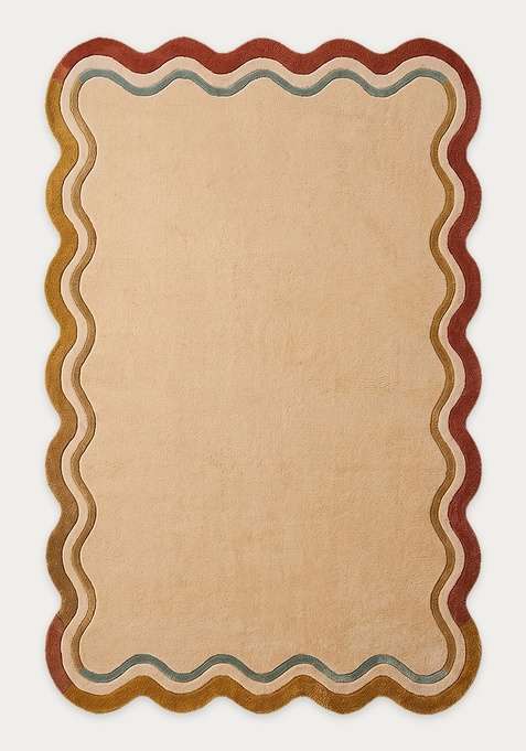 100% Wool Handmade Cream Rug | Retro Striped Scalloped Carpet With Cotton Backing For Living Room
