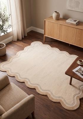 Saffron Rugs Hand-Tufted 100% Wool Area Rug | Beige Scalloped Rug | Cotton Backing | Retro Striped Home Decor Carpet for Living Room Bedroom