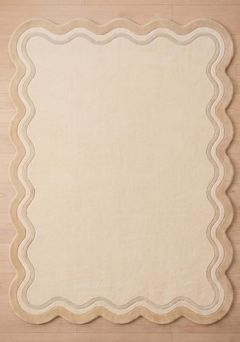 Saffron Rugs Hand Tufted Beige Striped Retro Scalloped Wool Area Rug - Indya