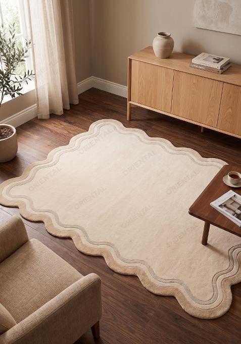 Saffron Rugs Hand Tufted Beige Striped Retro Scalloped Wool Area Rug