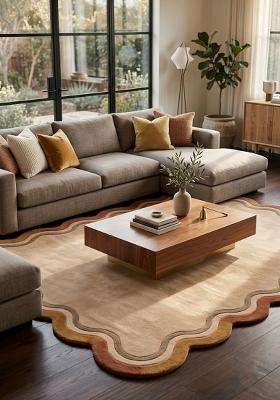 Saffron Rugs Hand-Tufted 100% Wool Area Rug | Beige Scalloped Rug | Cotton Backing | Retro Striped Home Decor Carpet for Living Room Bedroom
