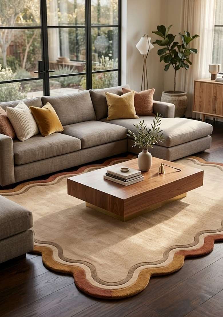 Saffron Rugs Beige Retro Striped Hand Tufted Wool Scalloped Rug - Indya