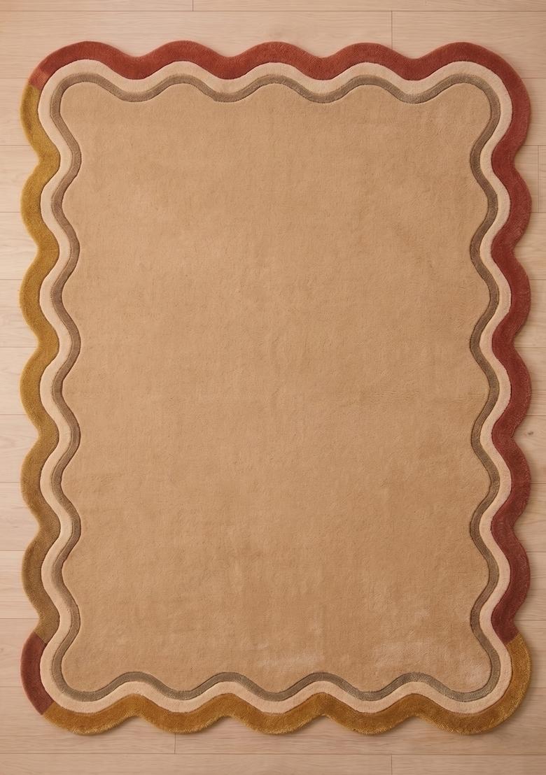 Saffron Rugs Hand Tufted Cream Striped Retro Scalloped Wool Area Rug - Indya