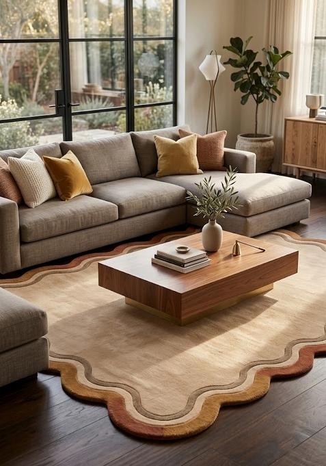 Saffron Rugs Hand Tufted Cream Striped Retro Scalloped Wool Area Rug