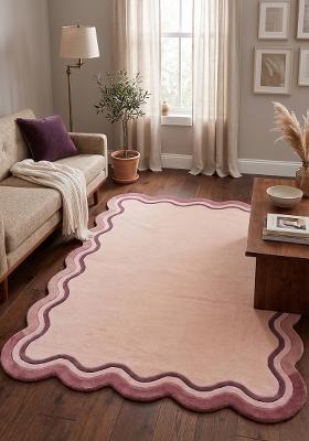 Saffron Rugs Hand-Tufted 100% Wool Area Rug | Blush Pink Scalloped Rug | Cotton Backing | Retro Striped Home Decor Carpet for Living Room Bedroom