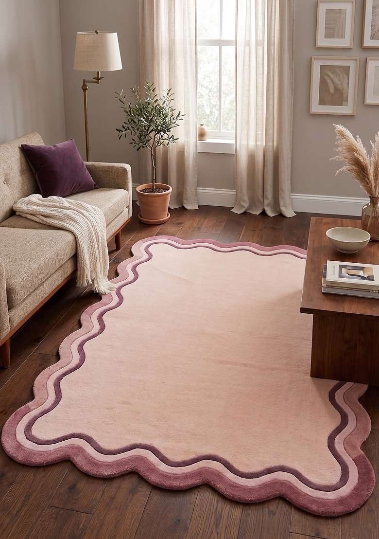 100% Wool Handmade Blush Pink Rug | Retro Striped Scalloped Carpet With Cotton Backing For Living Room - Indya