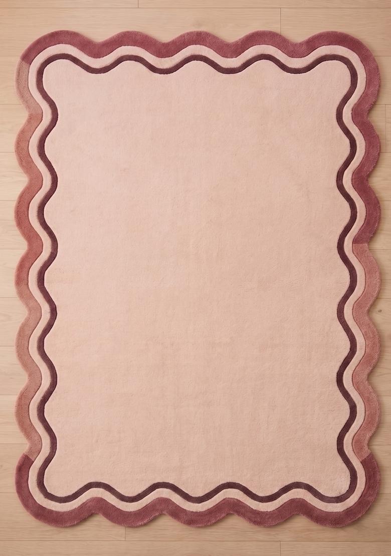 Saffron Rugs Hand Tufted Blush Pink Striped Retro Scalloped Wool Area Rug - Indya
