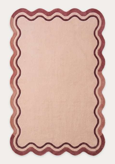100% Wool Handmade Blush Pink Rug | Retro Striped Scalloped Carpet With Cotton Backing For Living Room