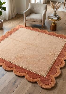 Saffron Rugs Hand Tufted Terracotta Beige Solid Bohemian Scalloped Wool Area Rug