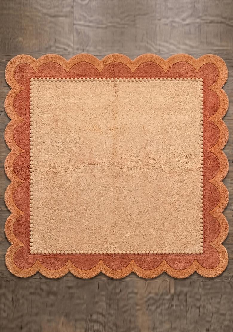 Saffron Rugs Hand Tufted Terracotta Beige Solid Bohemian Scalloped Wool Area Rug - Indya