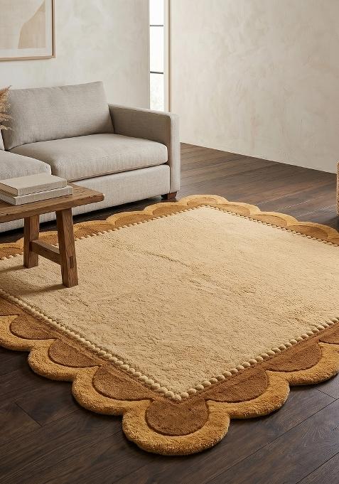 Saffron Rugs Hand Tufted Camel Tan Solid Bohemian Scalloped Wool Area Rug