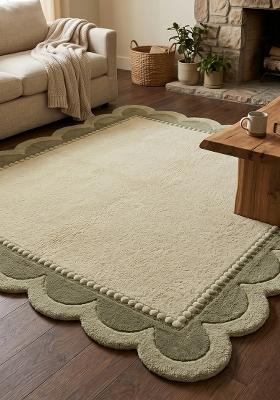 Saffron Rugs Hand Tufted Cream Sage Green Solid Bohemian Scalloped Wool Area Rug