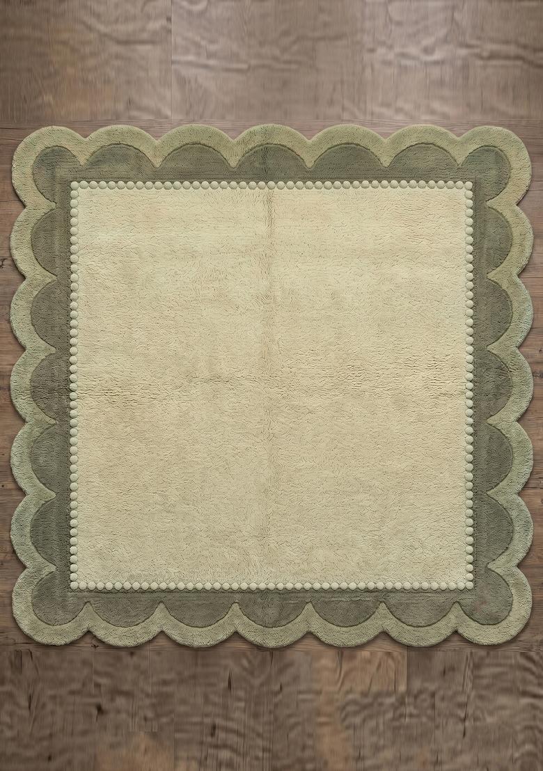 Saffron Rugs Hand Tufted Cream Sage Green Solid Bohemian Scalloped Wool Area Rug - Indya