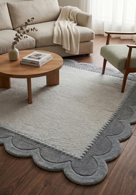 Saffron Rugs Hand Tufted Grey Solid Bohemian Scalloped Wool Area Rug