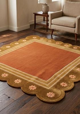 Saffron Rugs Hand Tufted Terracotta Orange Floral Bohemian Scalloped Wool Area Rug