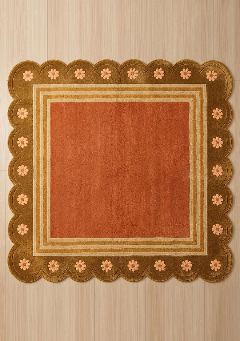Saffron Rugs Hand Tufted Terracotta Orange Floral Bohemian Scalloped Wool Area Rug - Indya