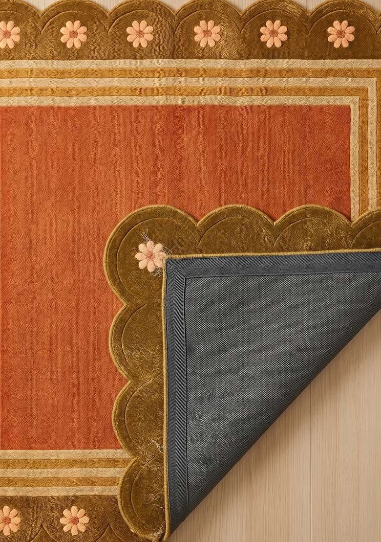 Saffron Rugs Terracotta Orange Bohemian Floral Hand Tufted Wool Scalloped Rug - Indya